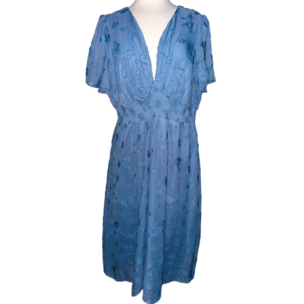 WB6 Baltic Born Dress 1X Blue Floral Midi V Neck Short Sleeve Occasion Party 1X